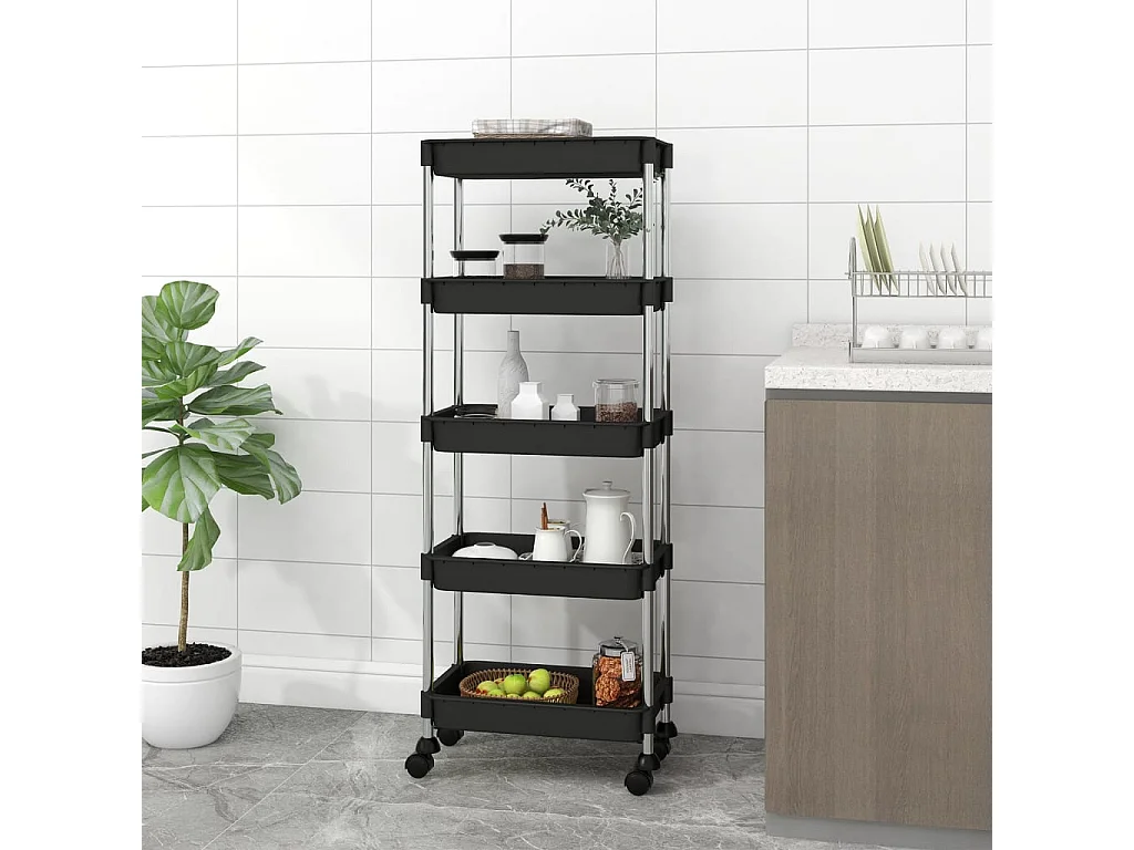 Carrello da Cucina 5 Ripiani Nero 42x29x128 cm Ferro e ABS