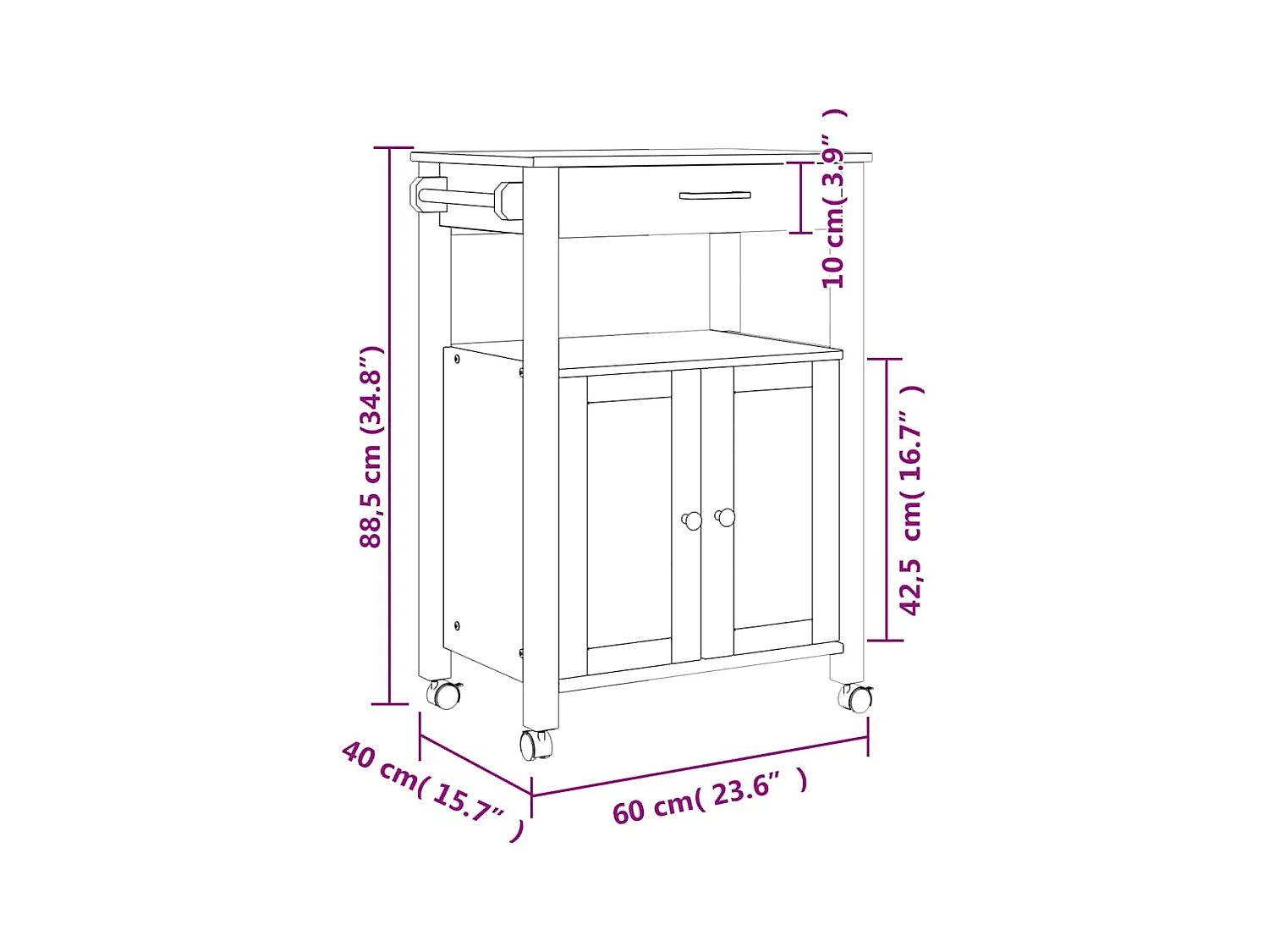 Chariot de cuisine MONZA 60x40x88,5 cm bois massif de pin