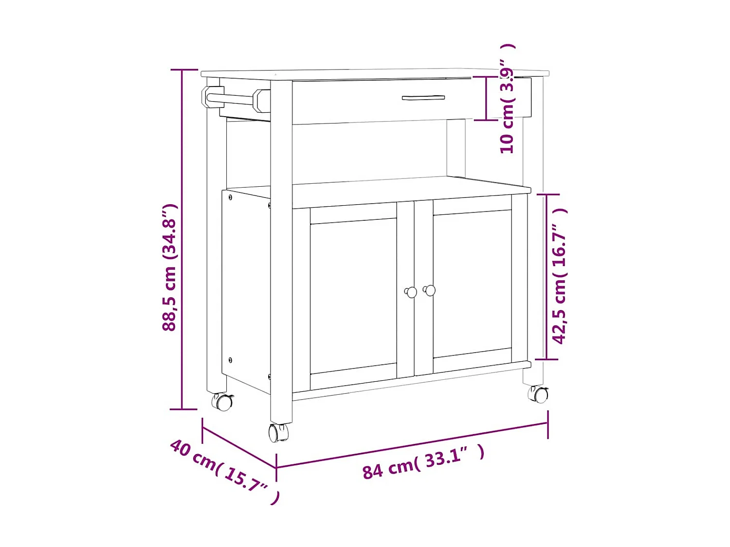 Chariot de cuisine MONZA 84x40x88,5 cm bois massif de pin