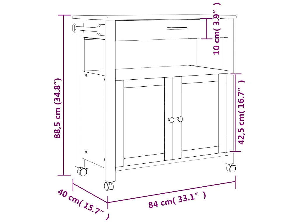Chariot de cuisine MONZA 84x40x88,5 cm bois massif de pin