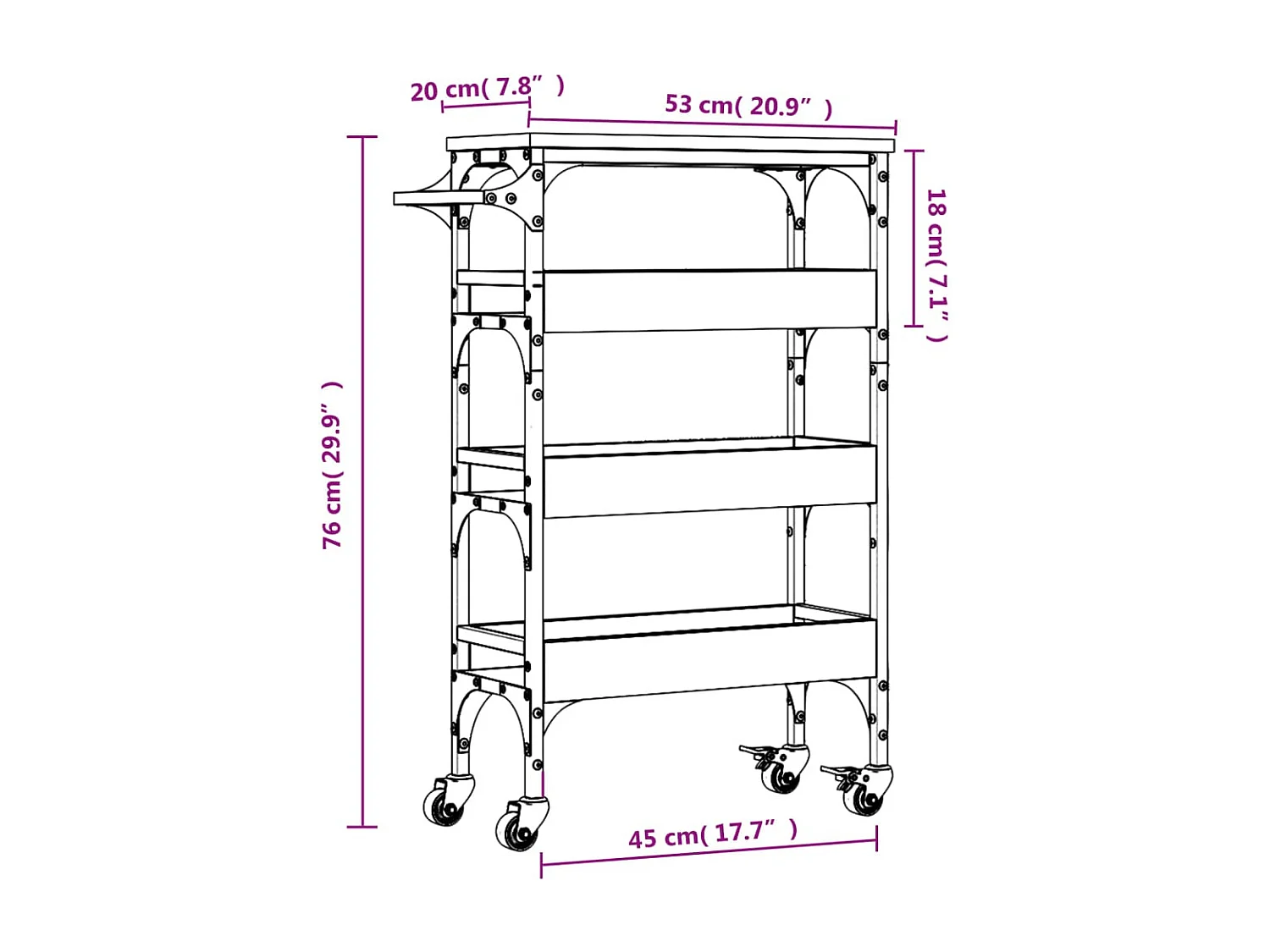 Küchenwagen Schwarz 53x20x76 cm Holzwerkstoff