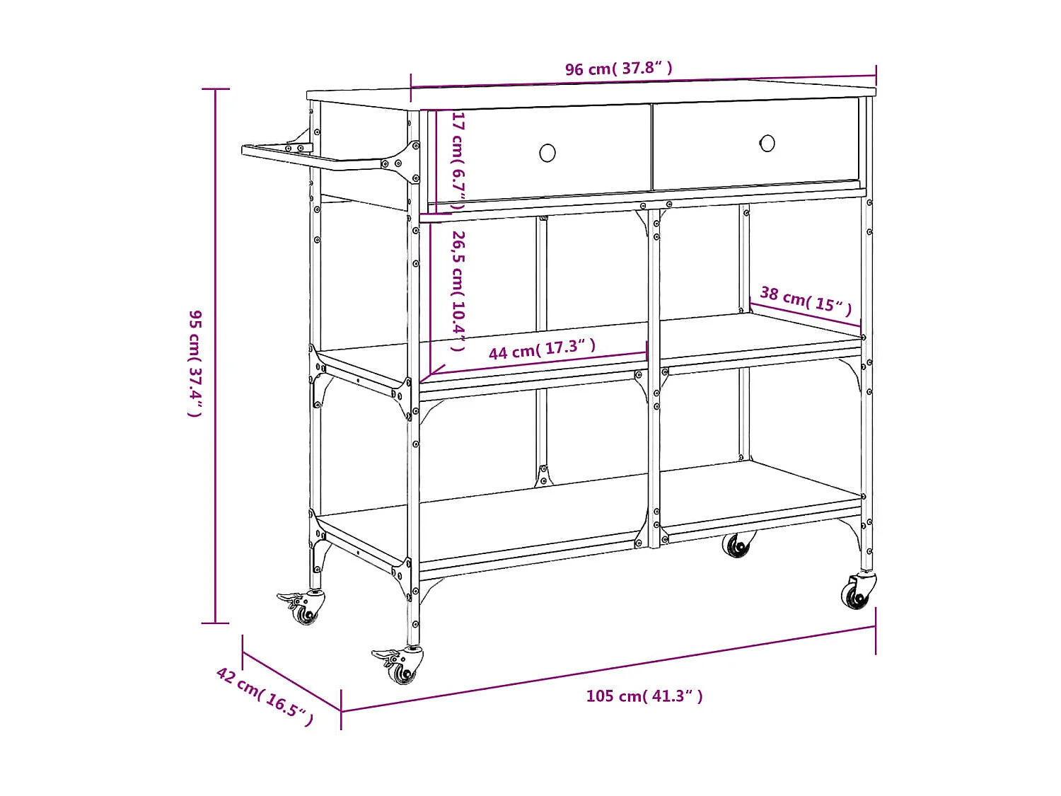 Chariot de cuisine sonoma gris 105x42x95 cm bois d'ingénierie