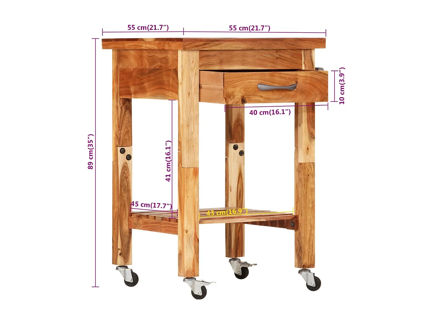 Chariot de cuisine 55x55x89 cm bois massif d'acacia