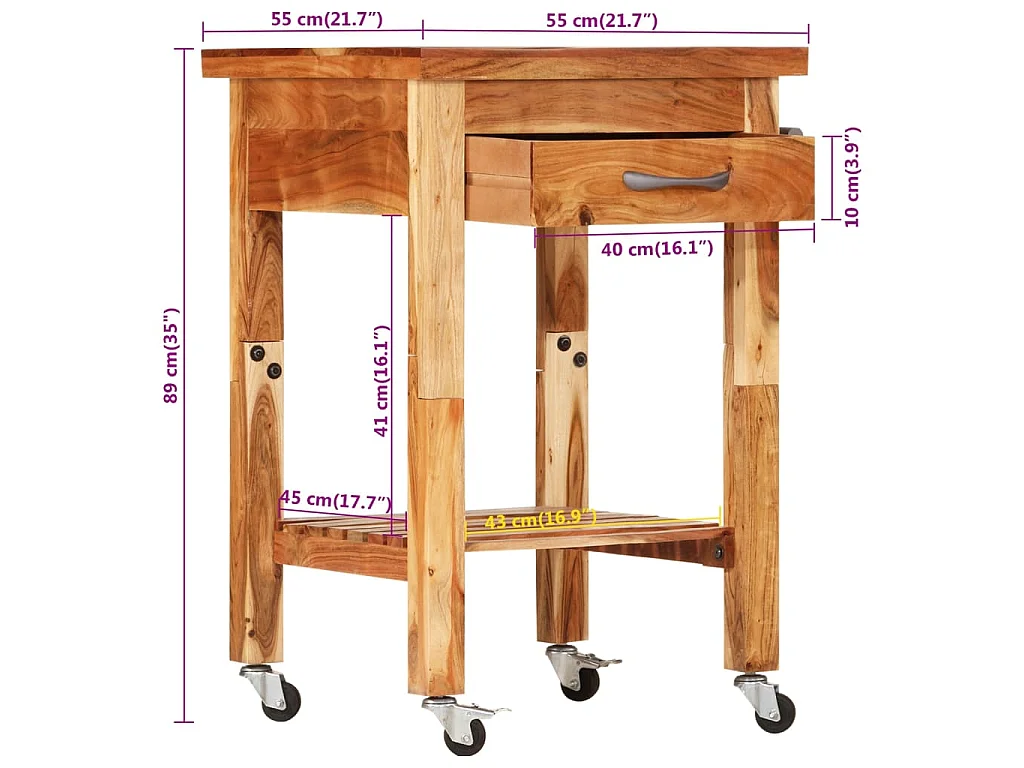 Chariot de cuisine 55x55x89 cm bois massif d'acacia