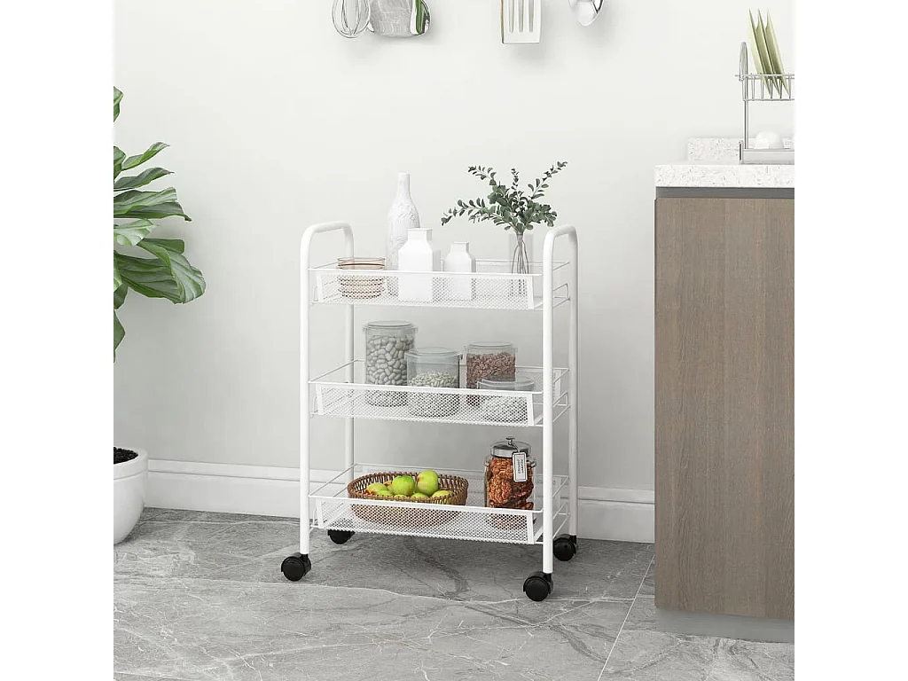 Chariot de cuisine à 3 niveaux Blanc 46x26x64 cm Fer