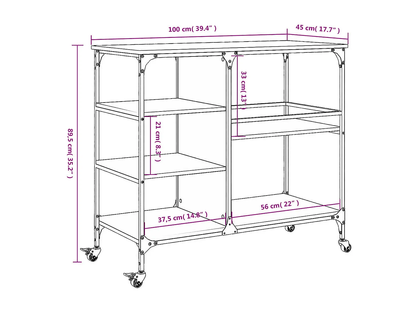 Chariot de cuisine sonoma gris 100x45x89,5 cm bois d'ingénierie
