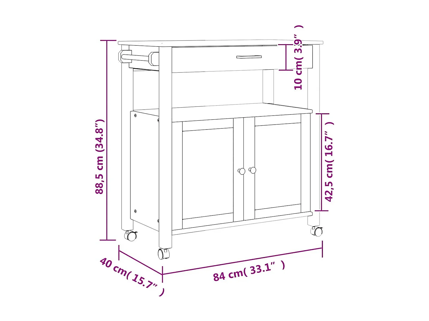 Chariot de cuisine MONZA 84x40x88,5 cm bois massif de pin