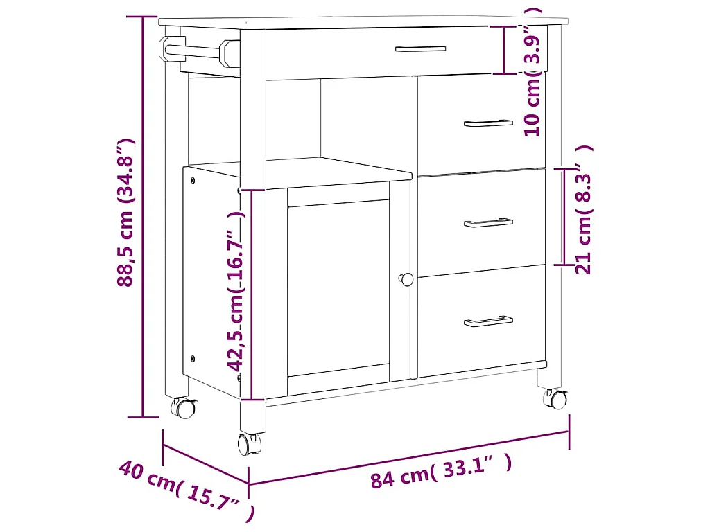 Chariot de cuisine MONZA 84x40x88,5 cm bois massif de pin