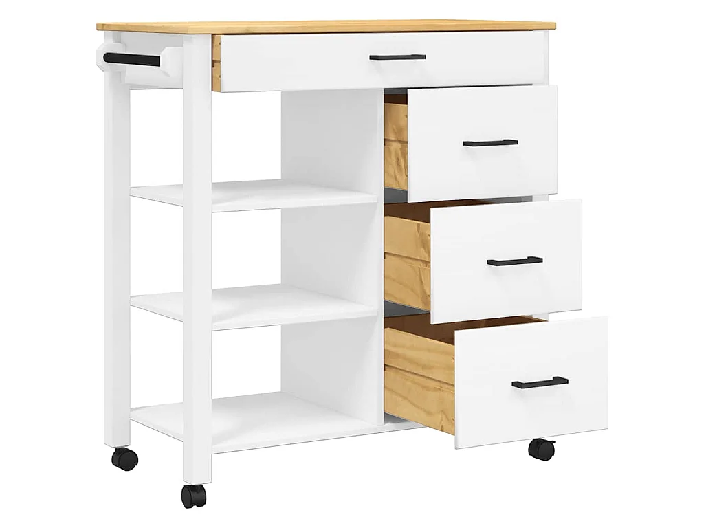 Chariot de cuisine MONZA 84x40x88,5 cm blanc bois massif de pin