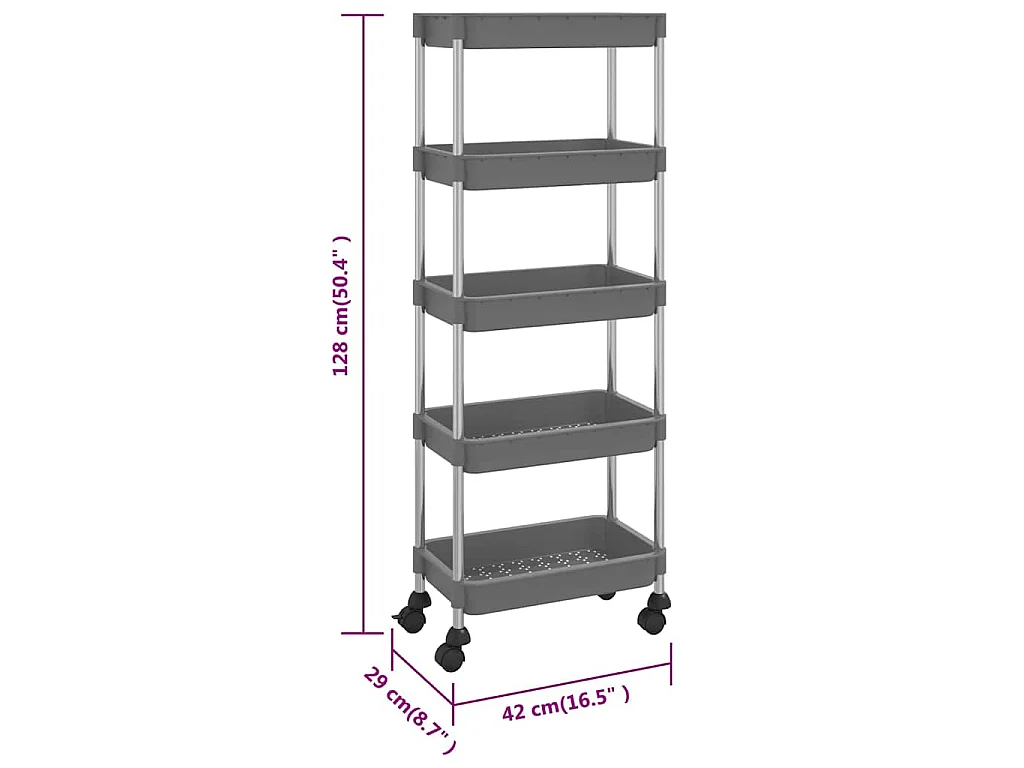 Chariot de cuisine 5 niveaux Gris 42x29x128 cm Fer et ABS
