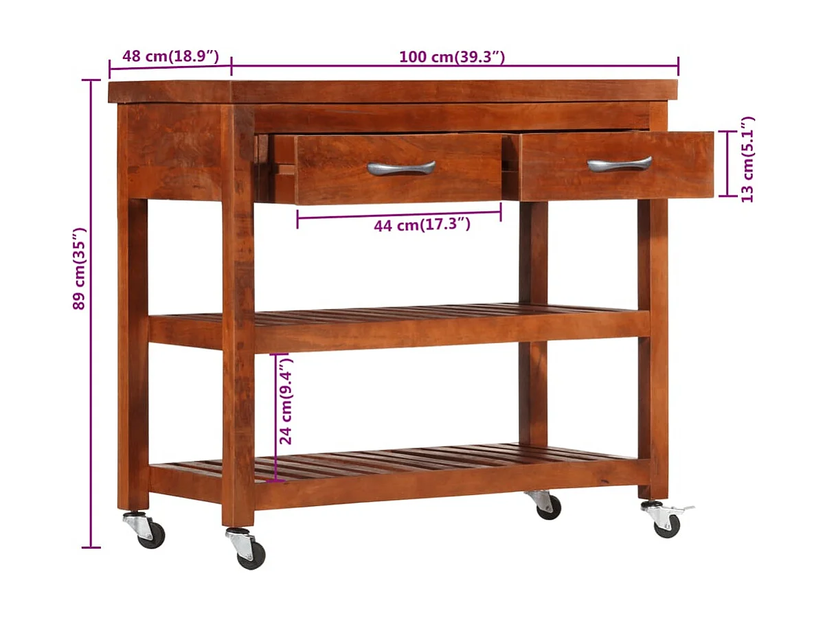 Servierwagen 100x48x89 cm Massivholz Akazie