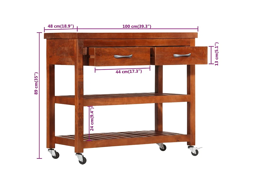 Chariot de cuisine 100x48x89 cm Bois d'acacia massif