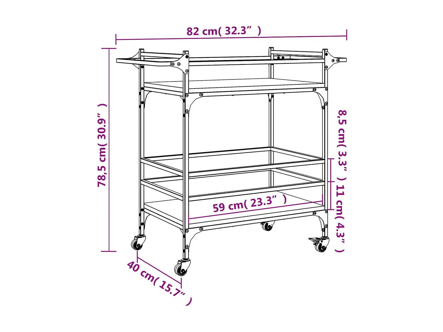 Chariot de cuisine sonoma gris 82x40x78,5 cm bois d'ingénierie