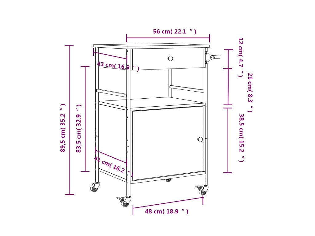 Keukentrolley 56x43x89,5 cm bewerkt hout grijs sonoma eiken