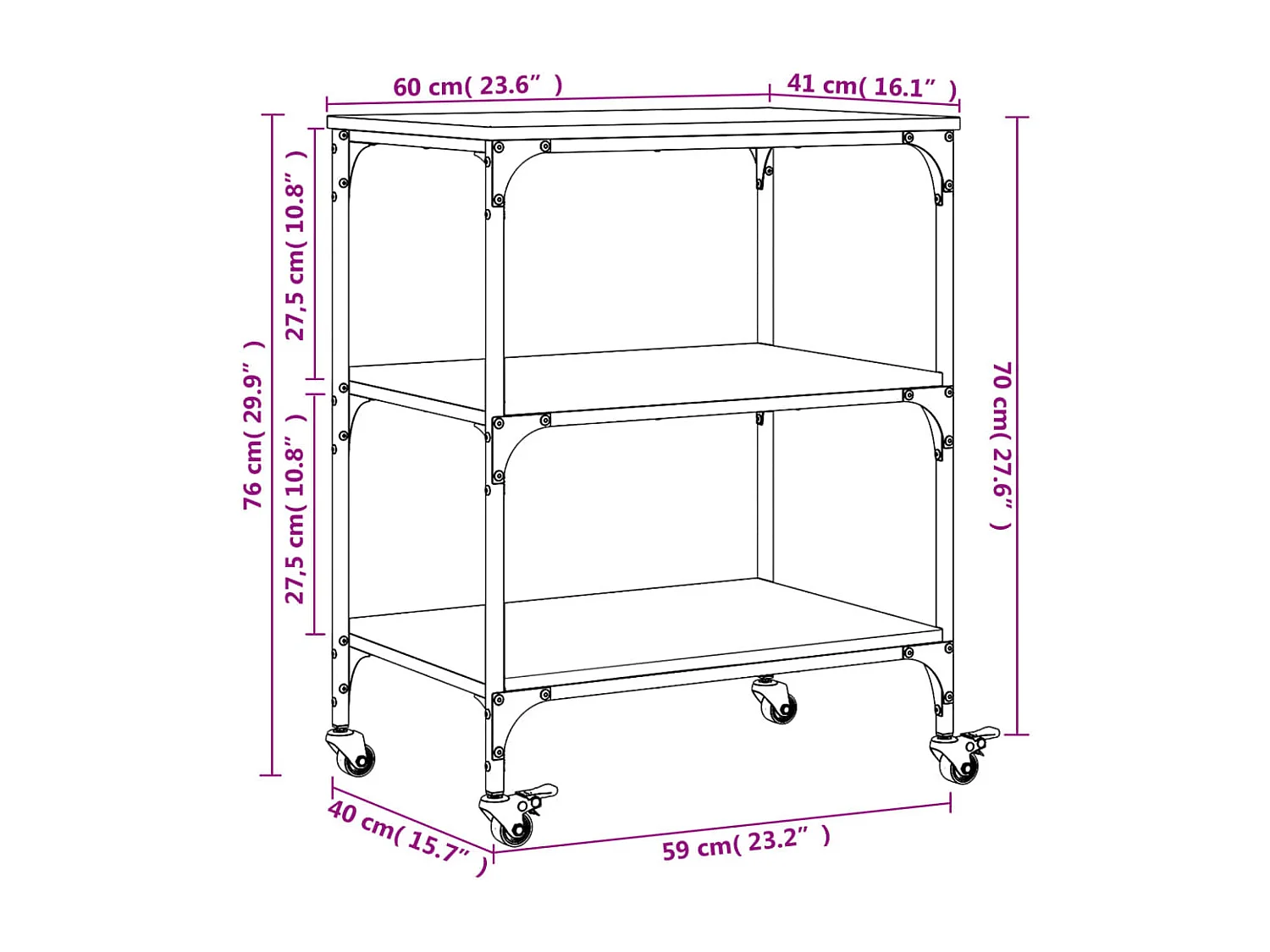 Chariot de cuisine sonoma gris 60x41x76 cm bois d'ingénierie