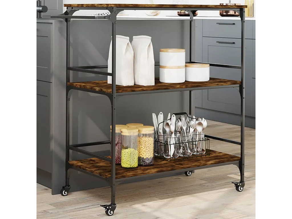 Chariot de cuisine chêne fumé 100,5x50x105 cm bois d'ingénierie