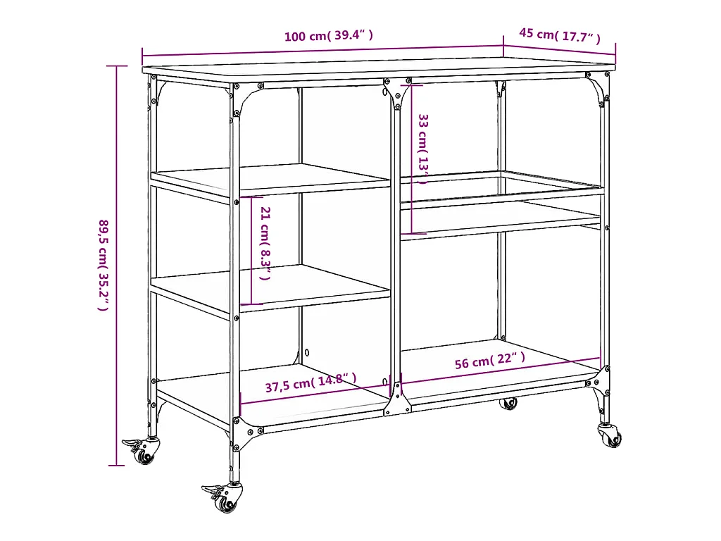 Chariot de cuisine chêne fumé 100x45x89,5 cm bois d'ingénierie