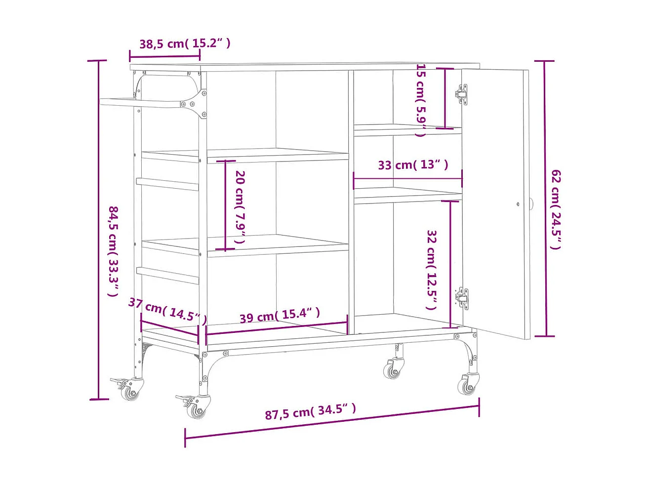 Keukentrolley 87,5x38,5x84,5 cm bewerkt hout bruin eikenkleurig