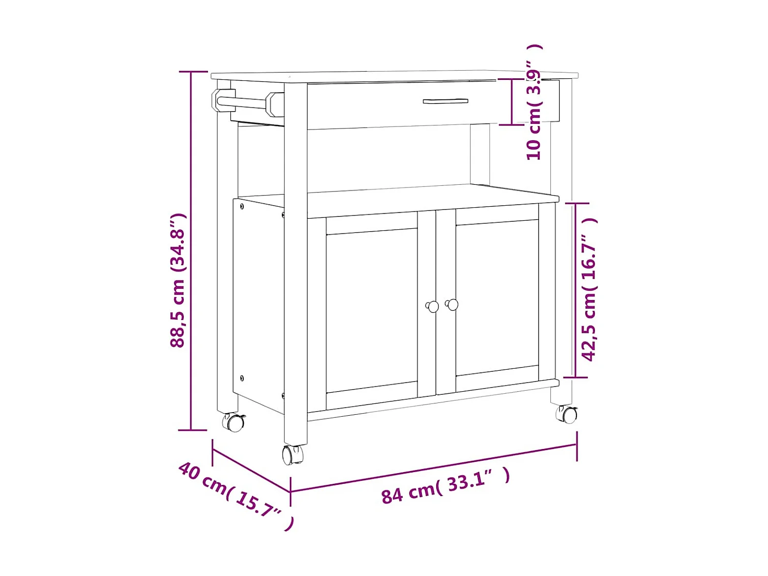 Chariot de cuisine MONZA 84x40x88,5 cm bois massif de pin