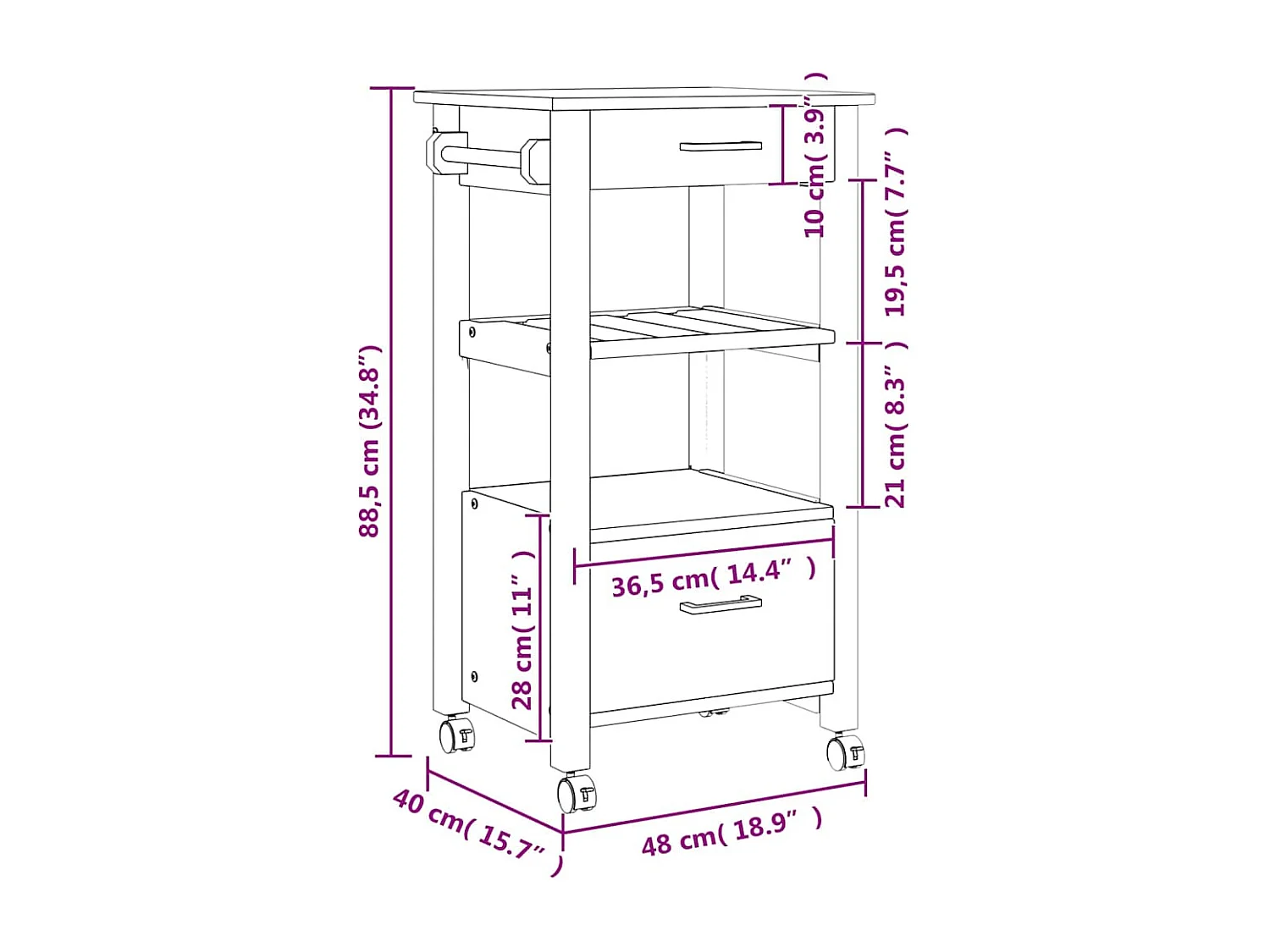 Chariot de cuisine MONZA 48x40x88,5 cm bois massif de pin