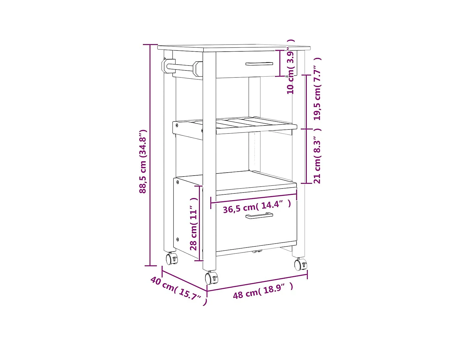 Chariot de cuisine MONZA 48x40x88,5 cm bois massif de pin