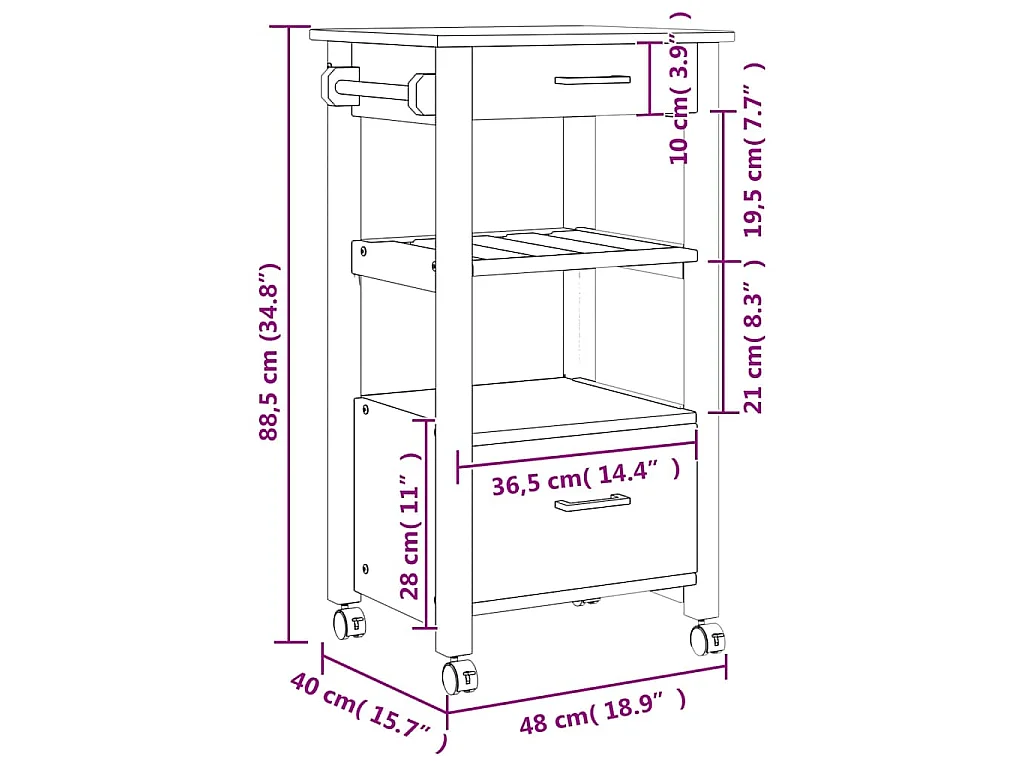 Chariot de cuisine MONZA 48x40x88,5 cm bois massif de pin