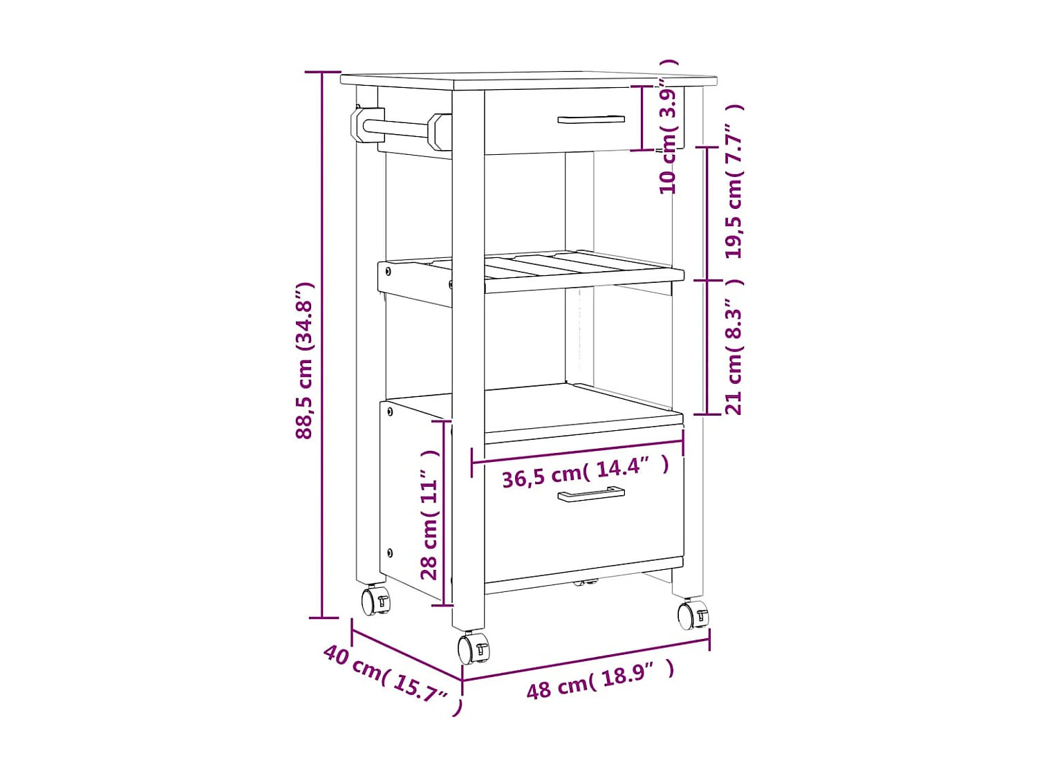 Chariot de cuisine MONZA 48x40x88,5 cm bois massif de pin