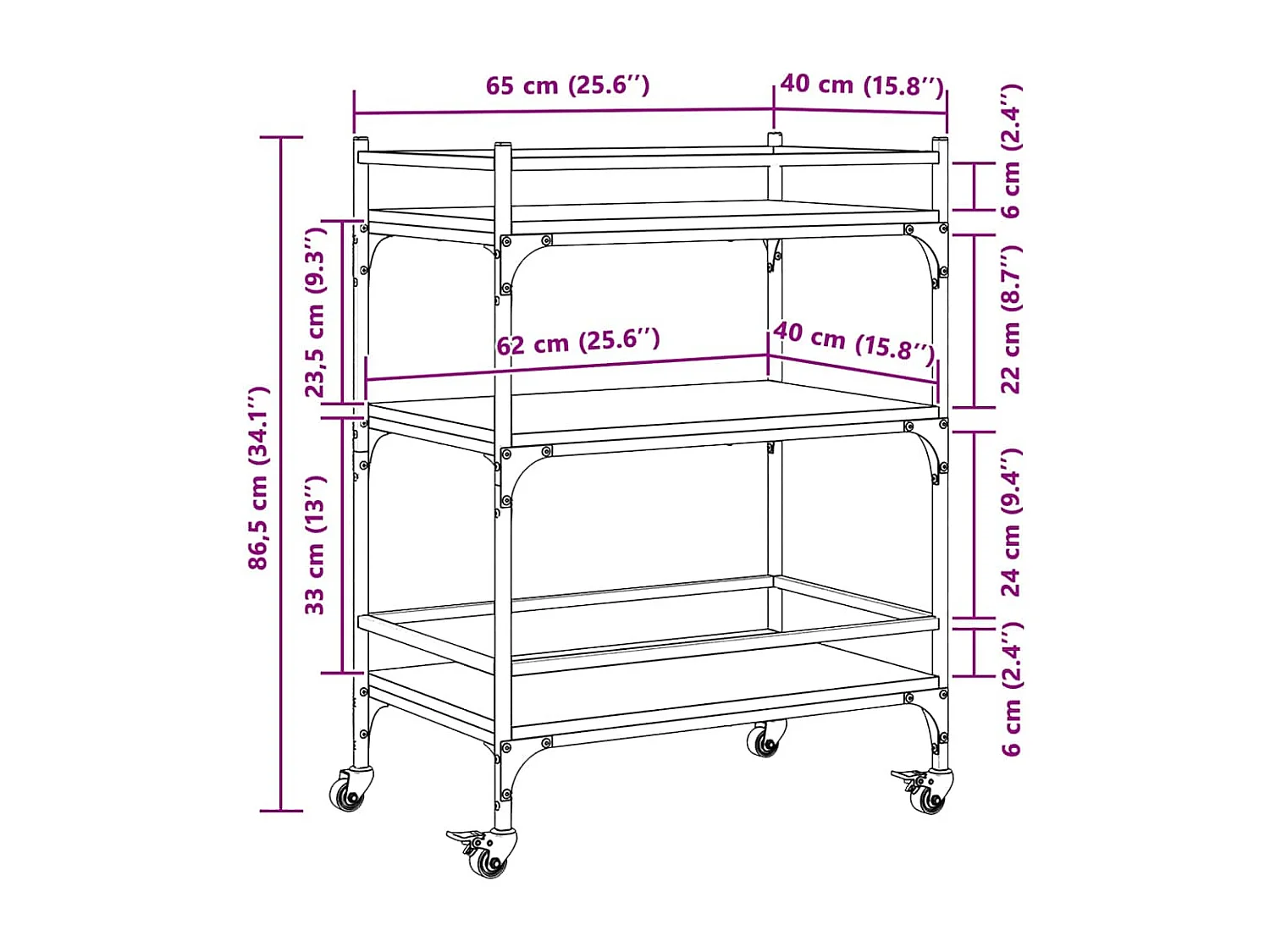 Chariot de cuisine chêne fumé 65x40x86,5 cm bois d'ingénierie
