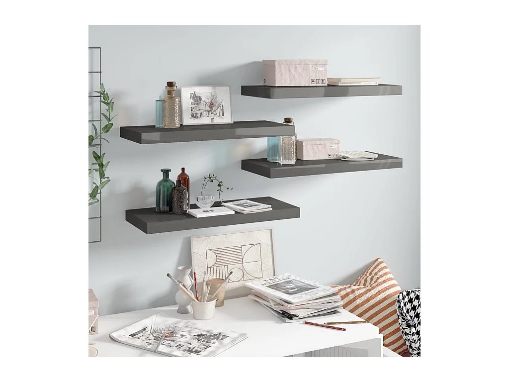 Étagère murale flottante 4 pcs Gris brillant 60x23,5x3,8 cm MDF