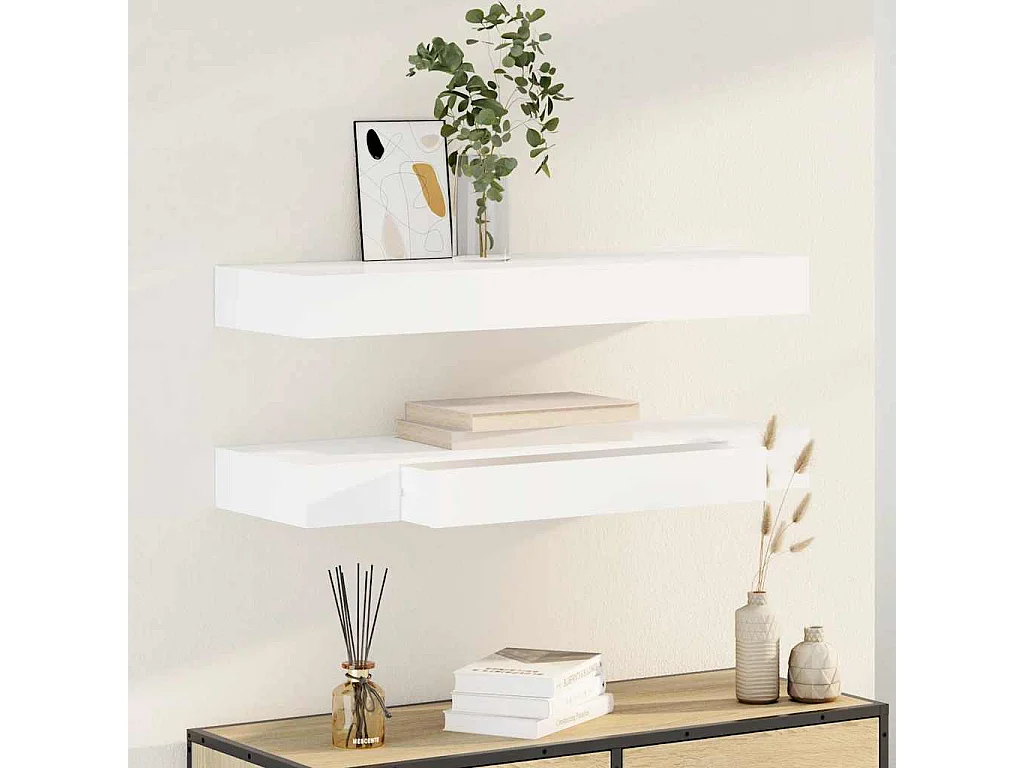 Półki Ściennie z Szufladami Białe 80 cm - 2 Sztuki