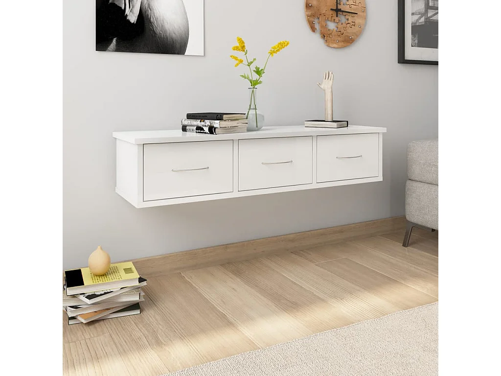 Wand-Schubladenregal Hochglanz-Weiß 88x26x18,5 cm Holzwerkstoff