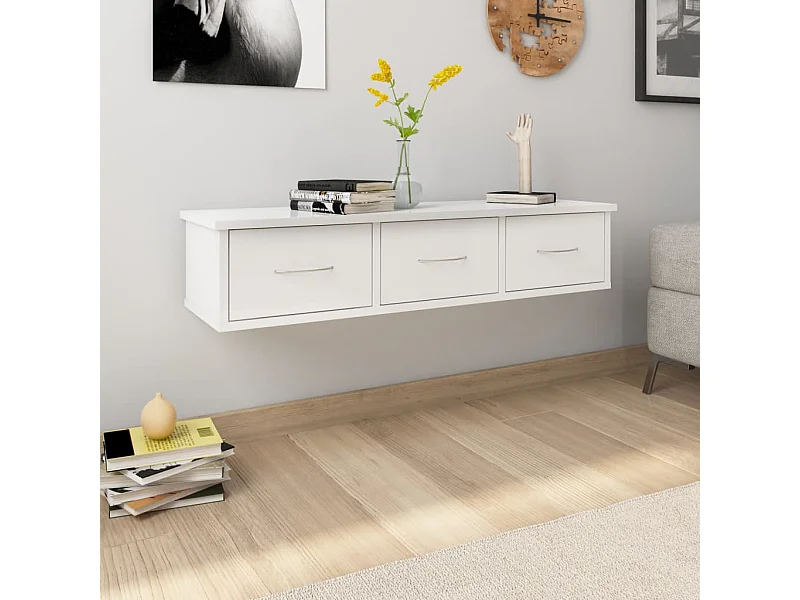 Scaffale Cassetti Parete Bianco Lucido 88x26x18,5cm Multistrato