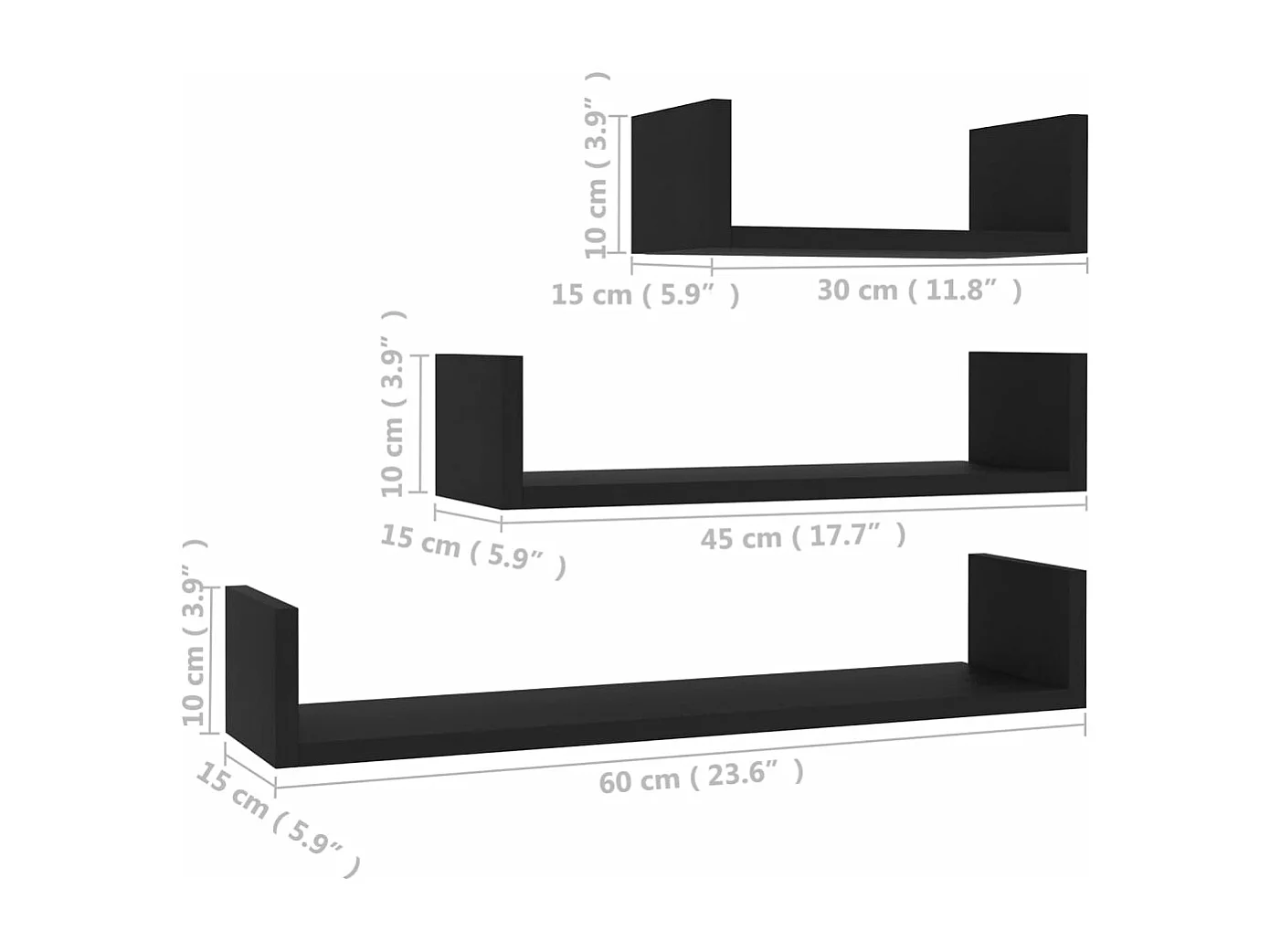 Étagères murales 3 pcs Noir Bois d'ingénierie