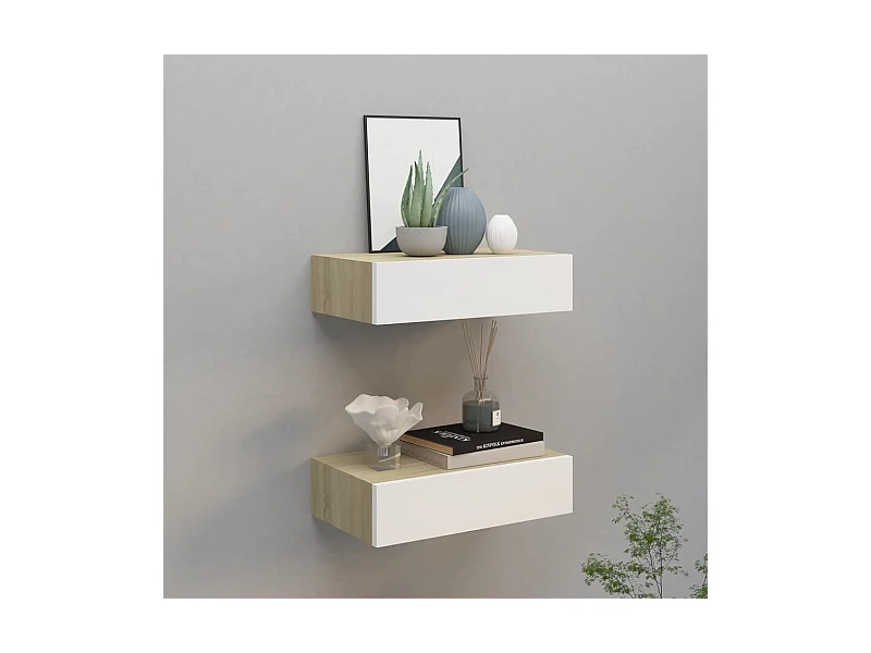 Étagères à tiroir murales 2 pcs Chêne et blanc 40x23,5x10cm MDF