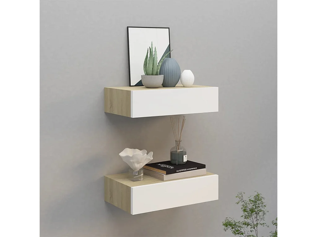 Prateleiras parede + gavetas 2pcs MDF 40x23,5x10cm carv./branco