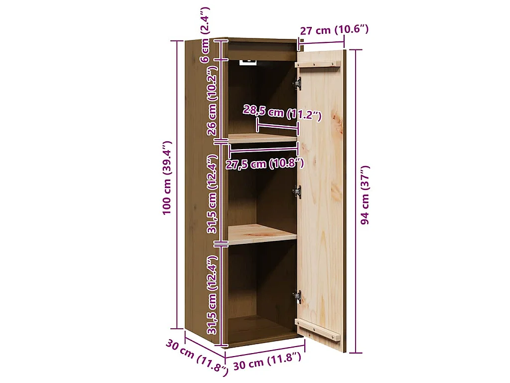 Wandkasten 2 st 30x30x100 cm massief grenenhout honingbruin