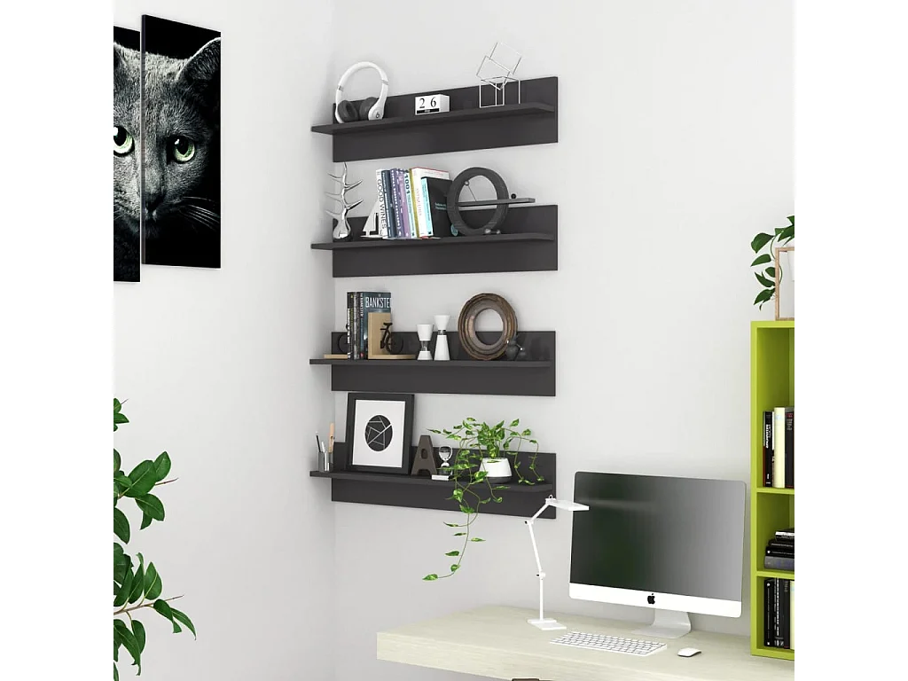 Étagères murales 4 pcs gris brillant bois d'ingénierie
