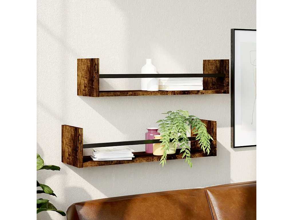 Prateleiras de parede c/ barras 2pcs 60x16x14cm carvalho fumado