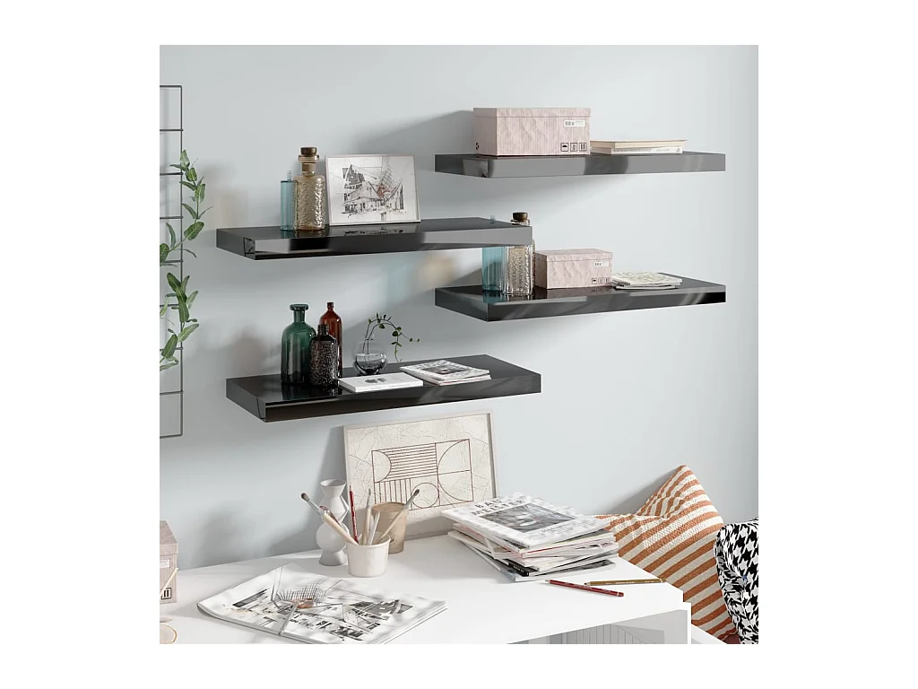 Étagère murale flottante 4 pcs Noir brillant 60x23,5x3,8 cm MDF