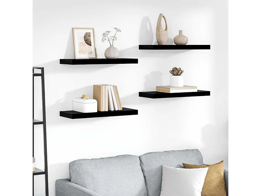 Étagère murale flottante 4 pcs Noir brillant 60x23,5x3,8 cm MDF