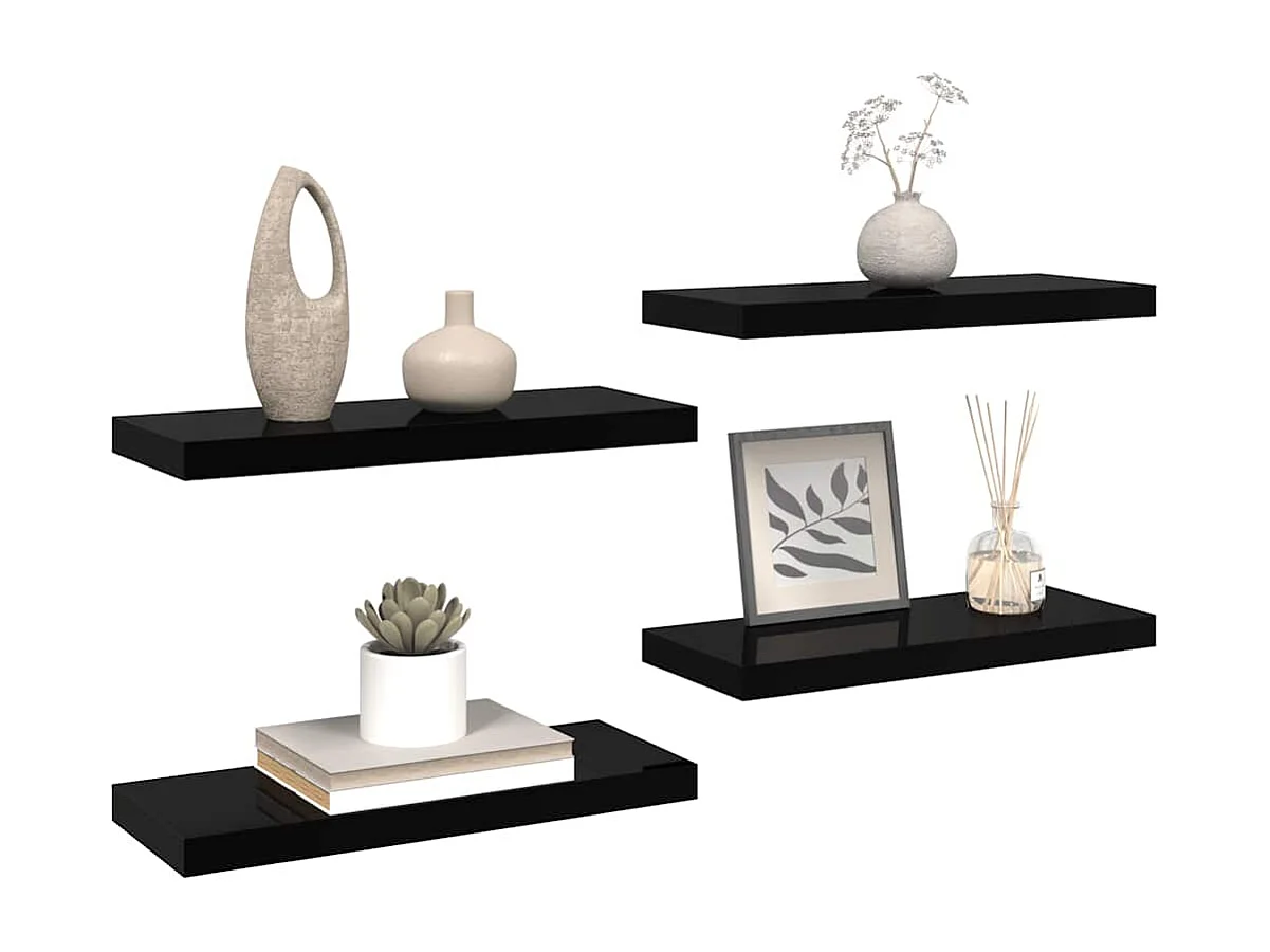 Étagère murale flottante 4 pcs Noir brillant 60x23,5x3,8 cm MDF