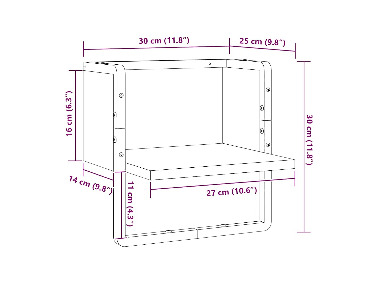 Étagère murale avec barre noir 30x25x30 cm
