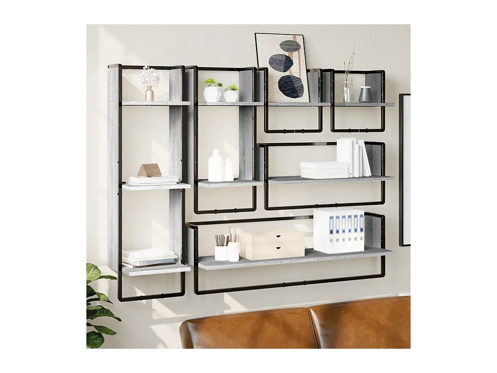 Ensemble d'étagères murales avec barres 6 pcs sonoma gris