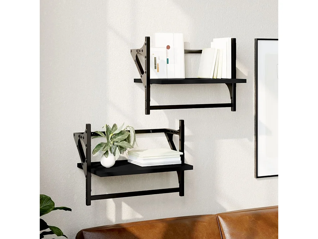 Wandschappen met stangen 2 st 40x25x30 cm zwart