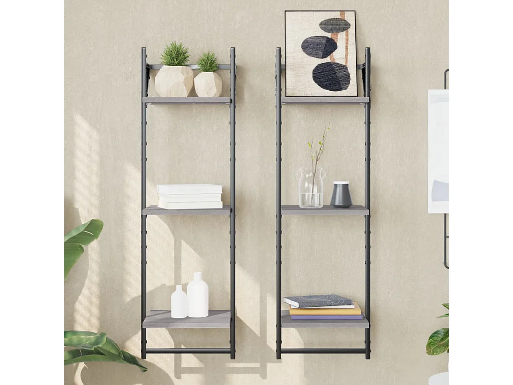 Wandschappen 3-laags met stangen 2 st 30x25x100 cm grijs sonoma
