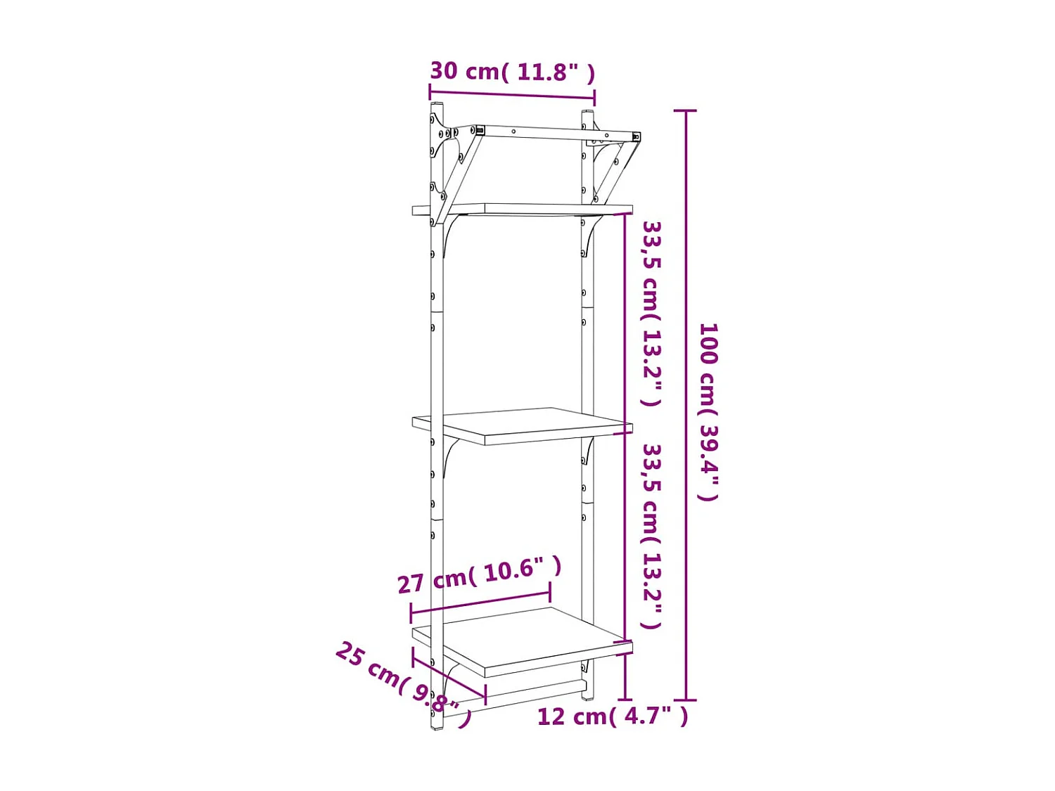 Wandschappen 3-laags met stangen 2 st 30x25x100 cm grijs sonoma