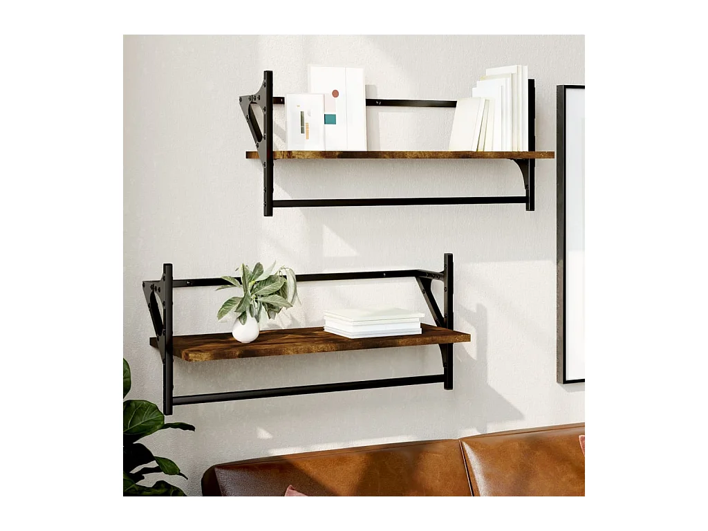 Étagères murales avec barres 2 pcs chêne fumé 65x25x30 cm