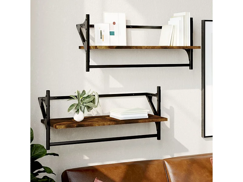 Prateleiras de parede c/ barras 2pcs 65x25x30cm carvalho fumado