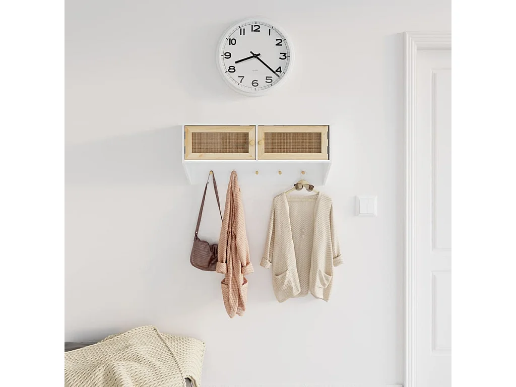 Wandgarderobe Weiß Holzwerkstoff und Rattan Natur