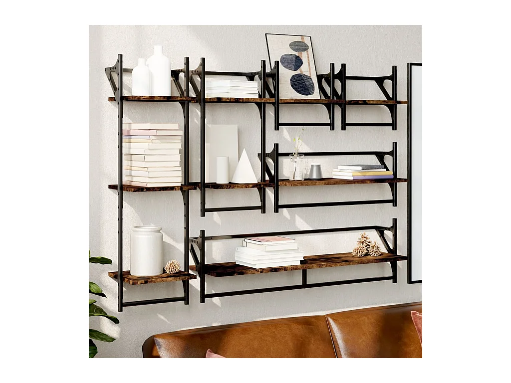 Ensemble d'étagères murales avec barres 6 pcs chêne fumé
